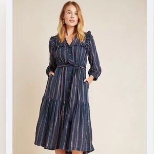Anthropologie Midnight Ruffled Collared Midi Dress Navy Blue Metallic SZ Medium